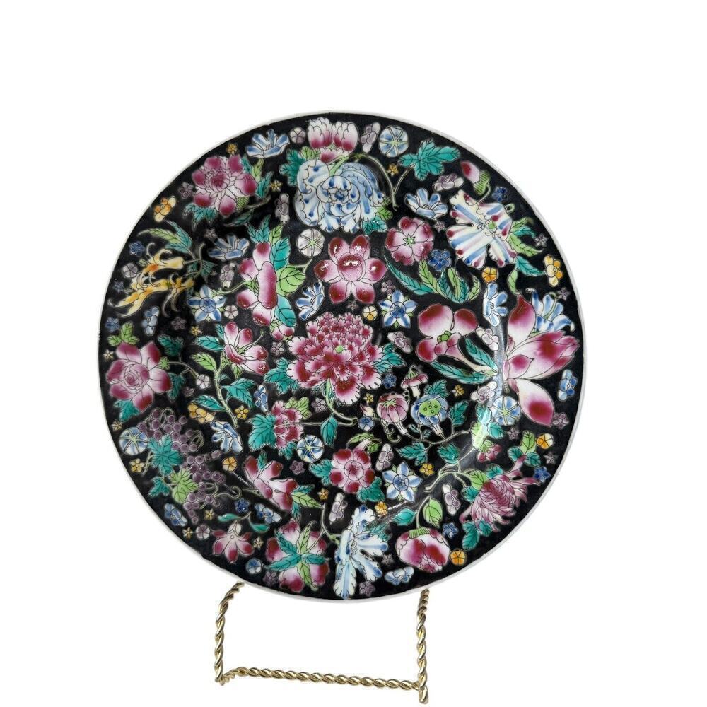 Chinese Famille Noire Mille Fleur Black Flower Porcelain Salad Plate 9”
